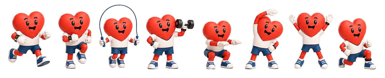 Radiant heart characters exercising and celebrating