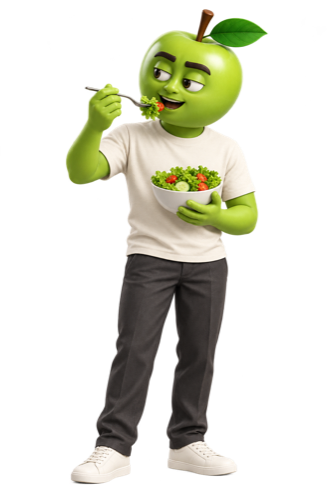 Friendly apple character eating a fresh salad