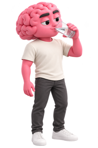 Friendly brain character drinking a glass of water