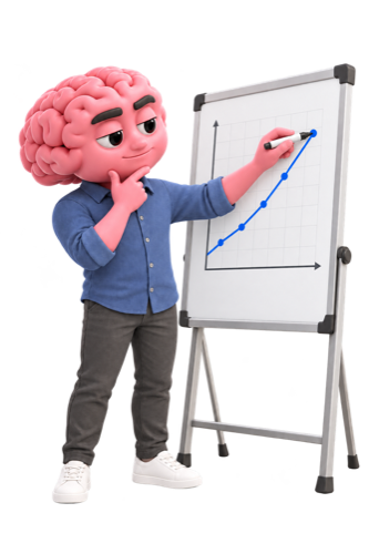 Friendly brain character presenting an upward-trending graph
