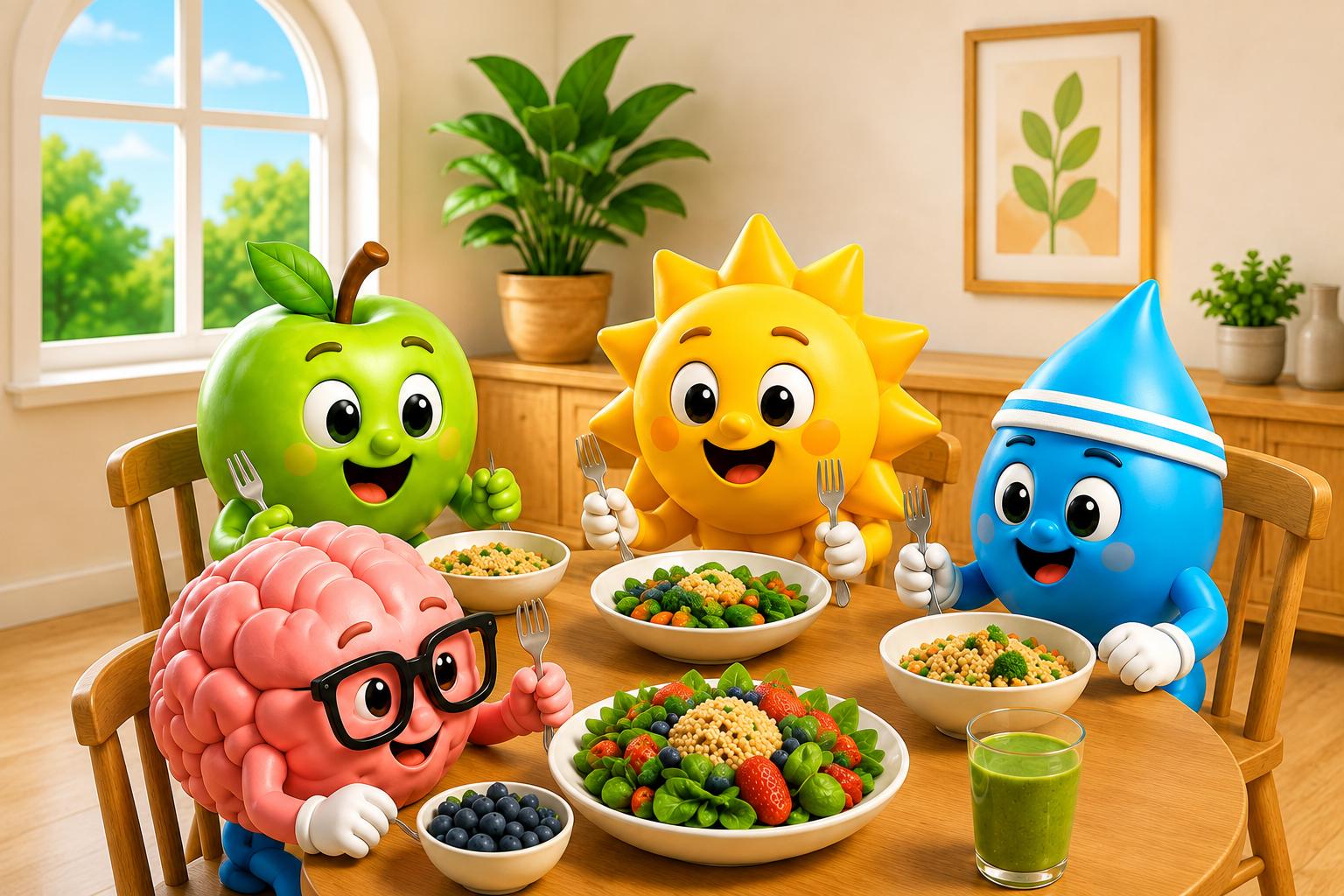 Radiant characters gathered around a healthy meal