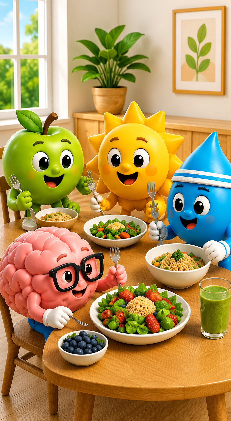 Radiant characters sharing a healthy meal together