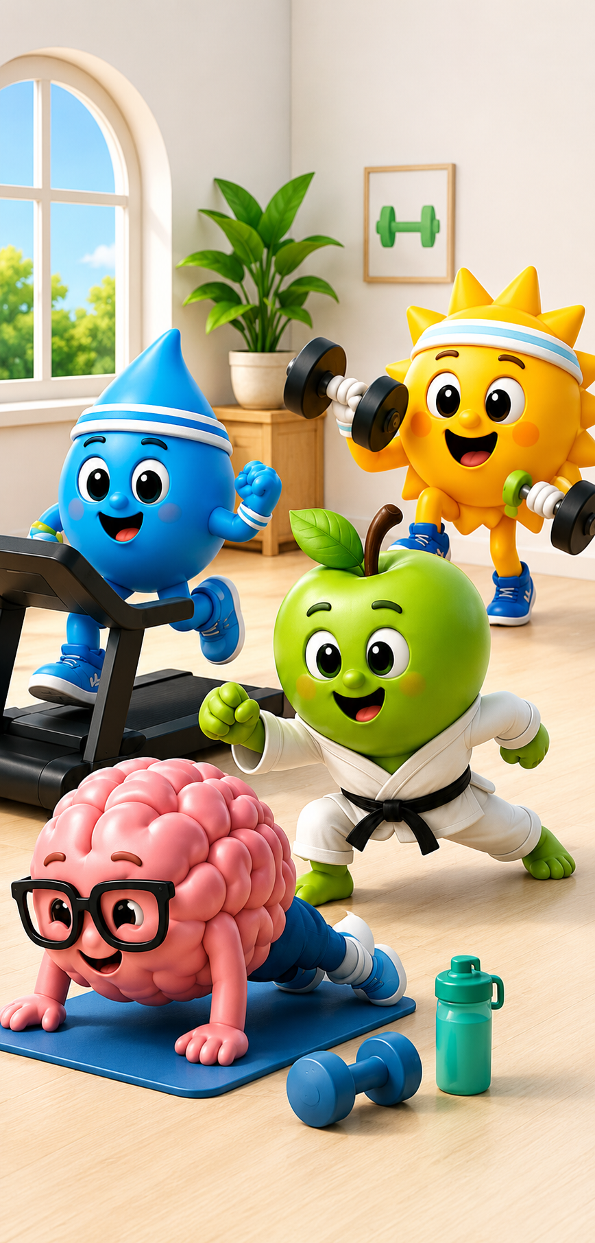 Radiant characters exercising in a workout room