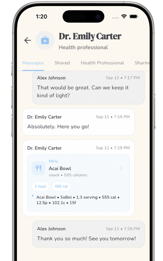 Radiant mobile app conversation with a health professional