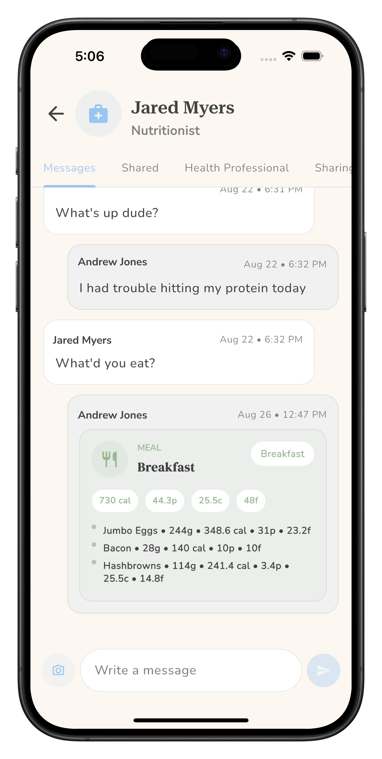 Radiant health professional messaging screen