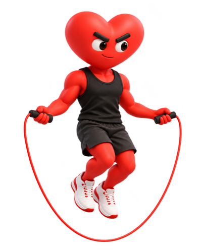 Friendly heart character exercising with a jump rope