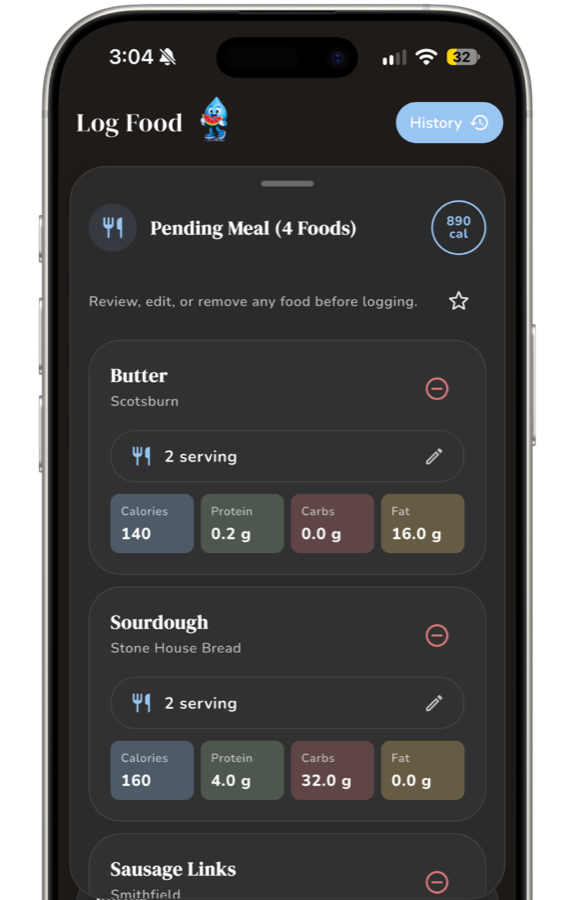 Radiant mobile app food log history screen