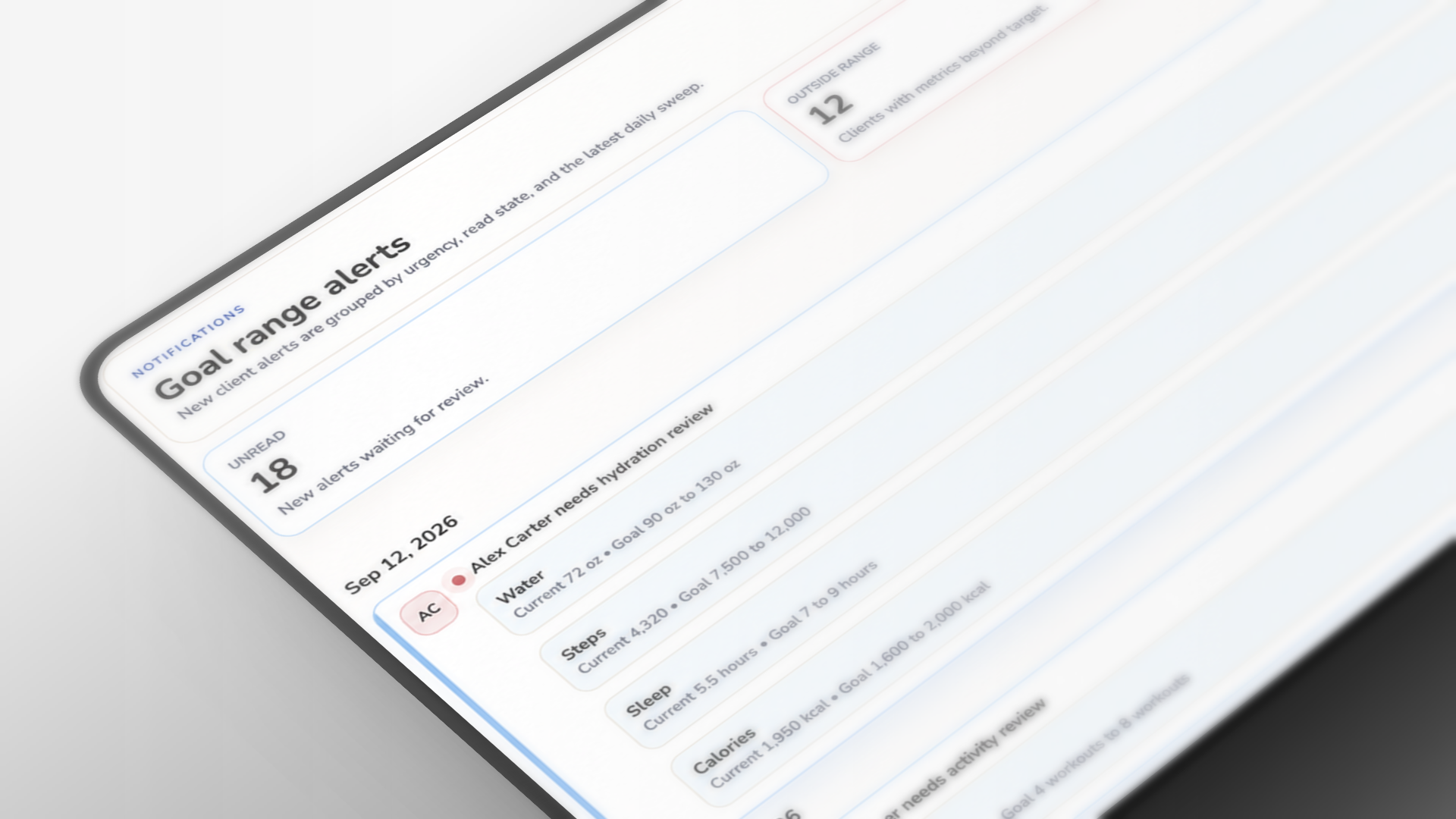 Radiant CRM dashboard showing client health metric alerts