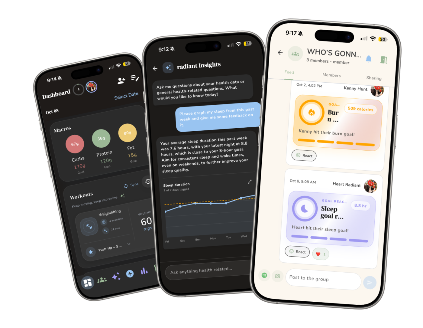 Three Radiant mobile app screens showing health tracking, personalized insights, and community progress