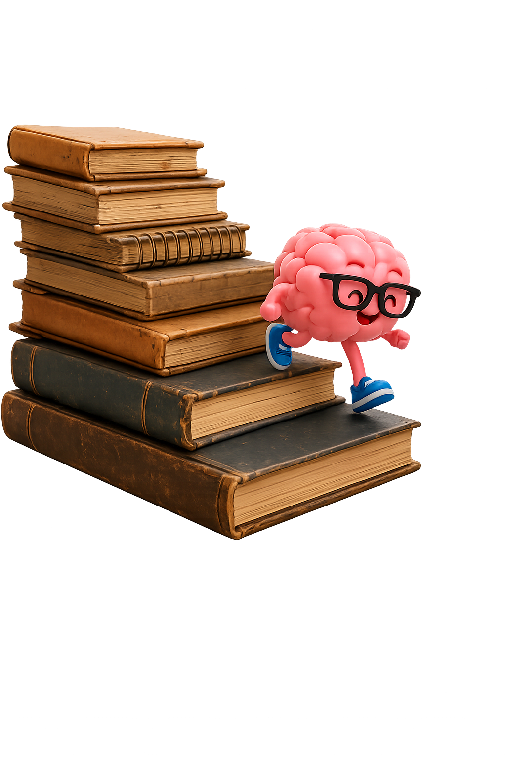 Brain character climbing a stack of health notebooks