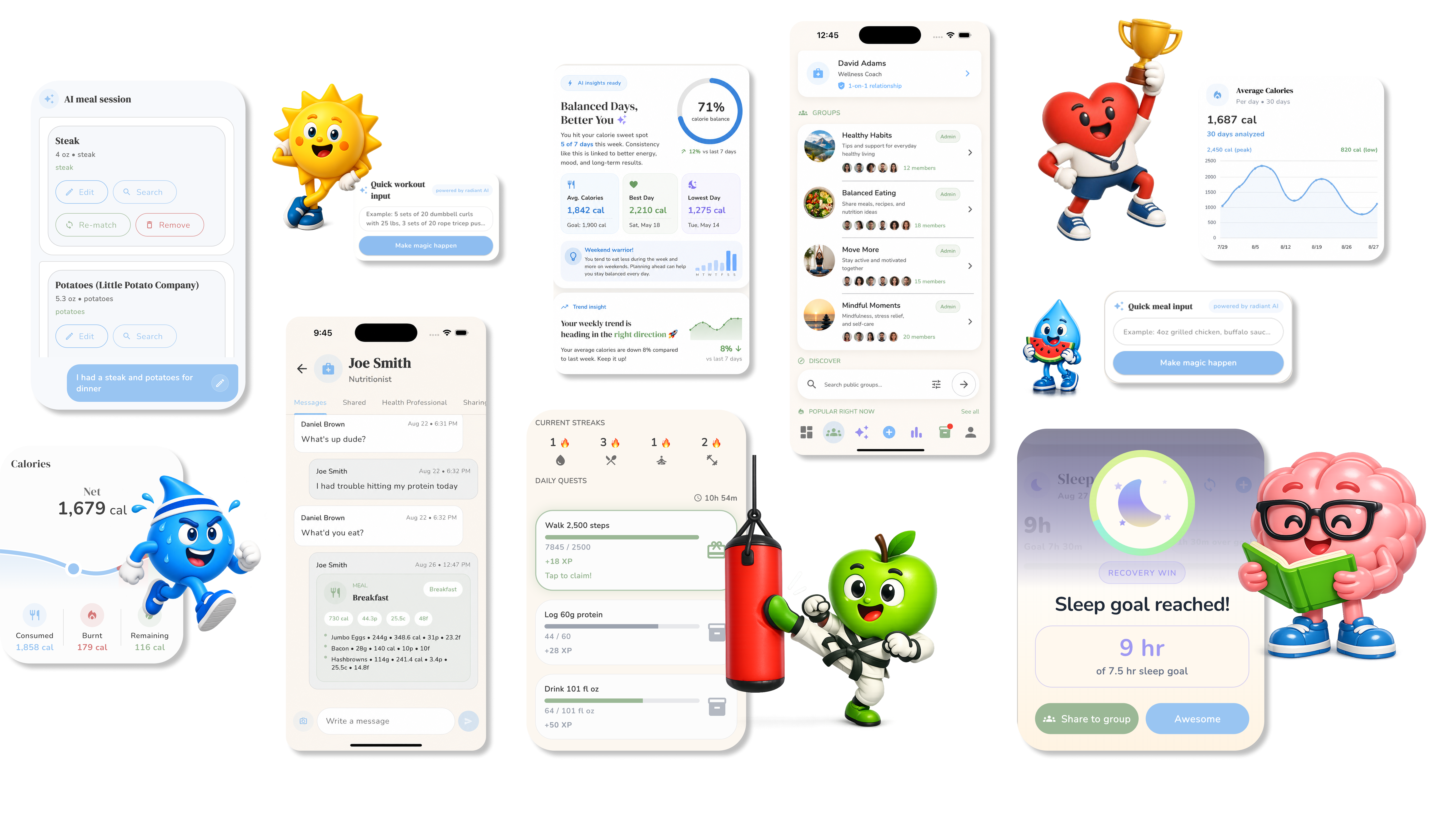 Radiant health features shown as a collage of app screens and character moments